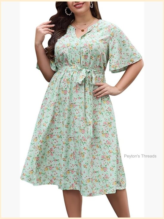 Dresses & Skirts - Plus Size Floral V-Neck A-Line Dress with Pockets